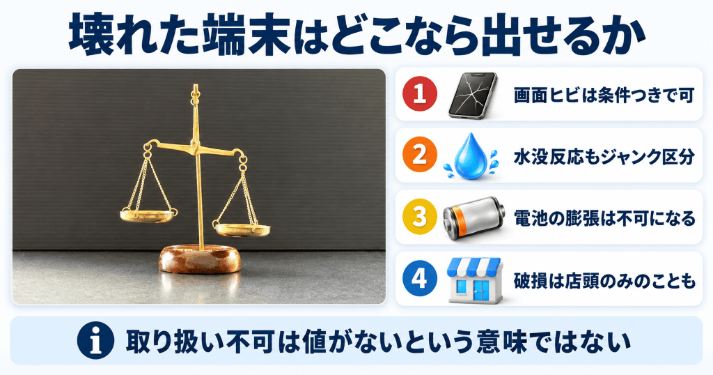 割れた端末・水没した端末はどこなら買取に出せるか