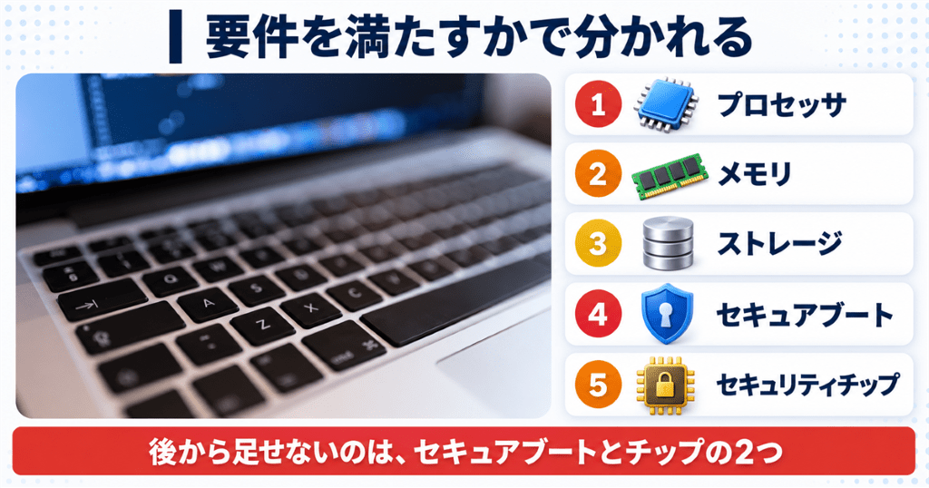 ノートパソコンのキーボードを前にWindows 11の最小システム要件を確かめる図