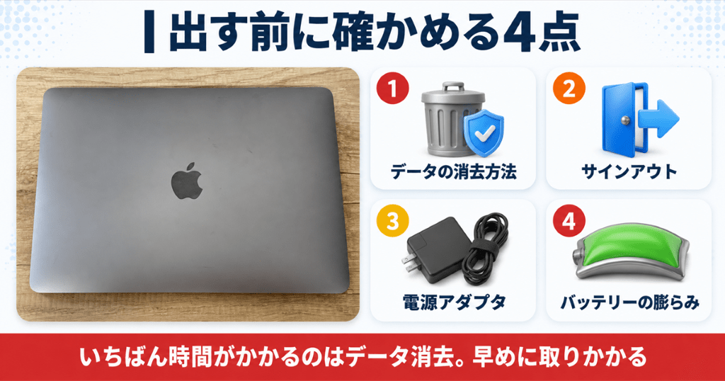 閉じたノートパソコンの天板を確認しながら売却前の点検項目を示した図