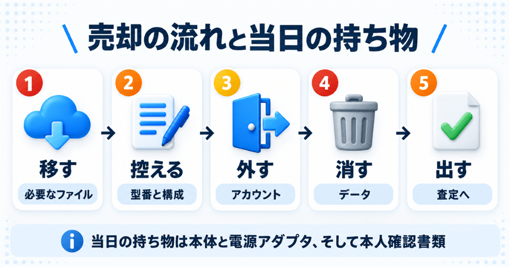 古いノートパソコンを申込みから入金まで売却する流れを示した図