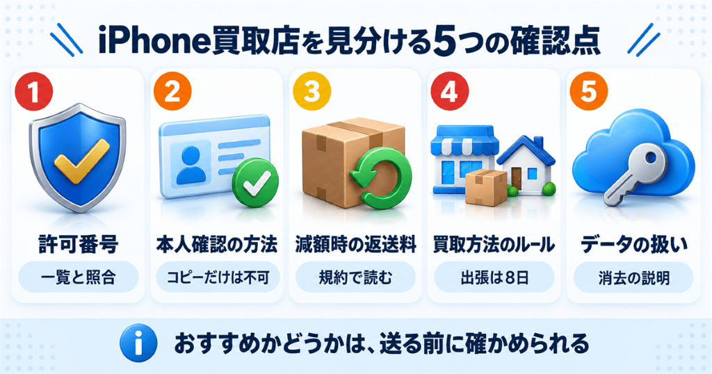 iPhone買取のおすすめ店を見分ける5つの確認点の早見表