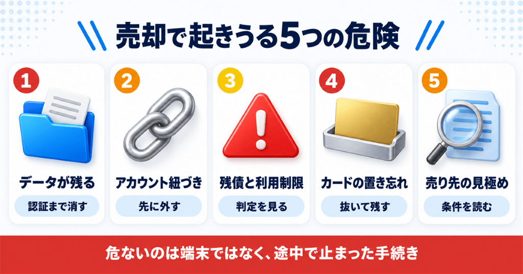 スマホ売却で起きうる5つの危険と、それぞれの止め方を整理した早見表