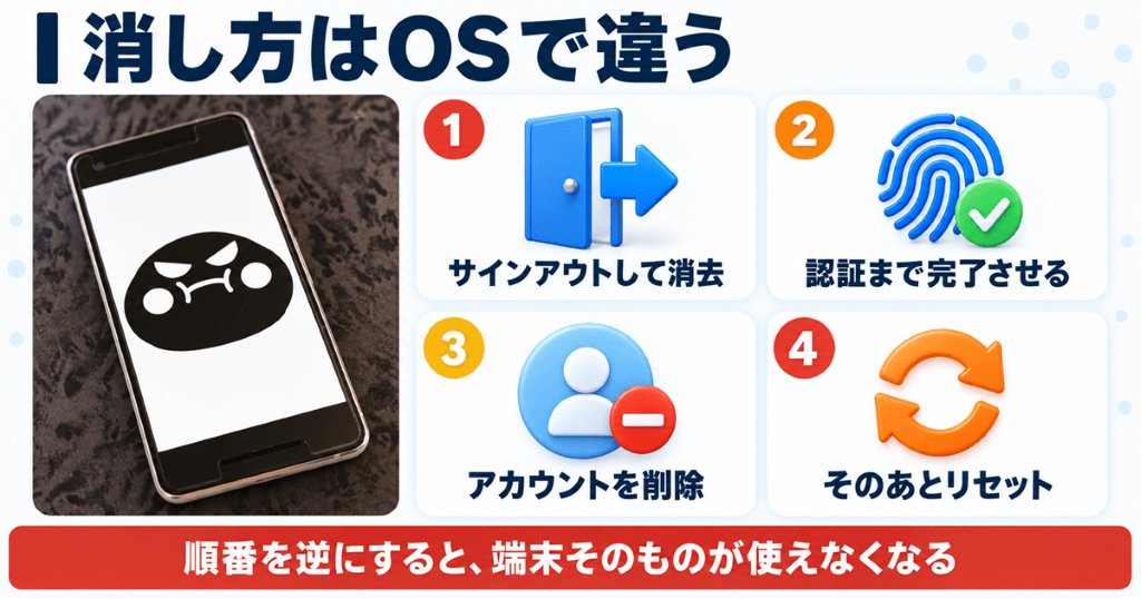 消したつもりのデータが残っていた場面をiPhoneとAndroidの消去手順とあわせて示した図