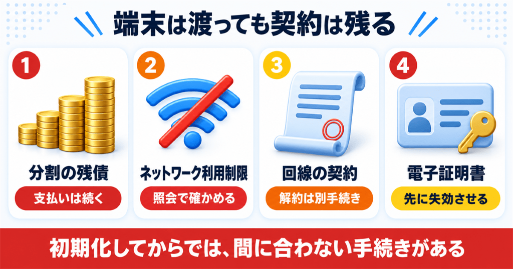 残債とネットワーク利用制限と回線契約が売却後にどう残るかを示した図