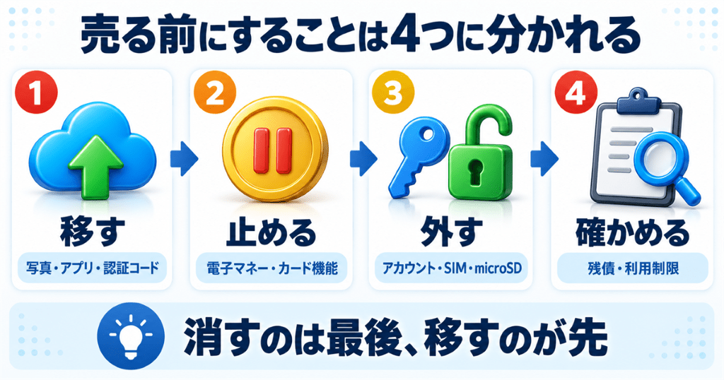 スマホを売る前にすることを移す・止める・外す・確かめるの4つに分けた早見表