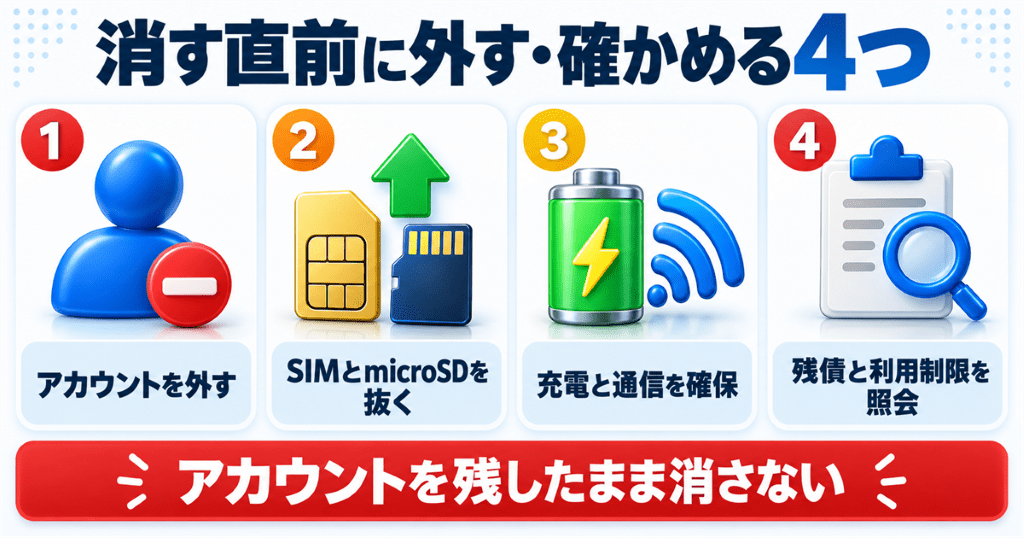 スマホを消去する直前に外すアカウントとカード、確かめる契約