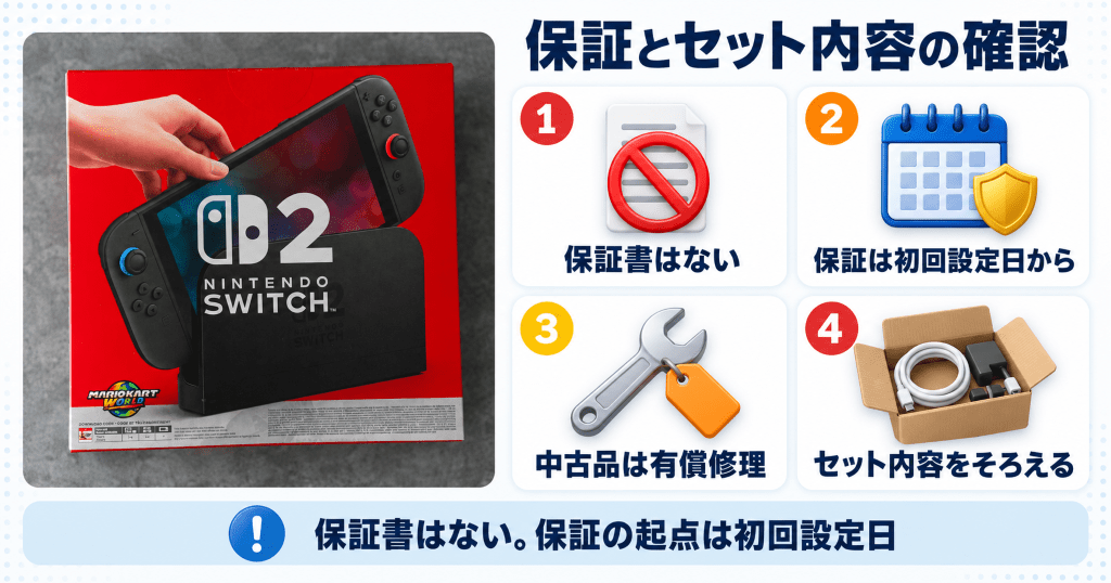 Nintendo Switch 2の外箱で保証とセット内容を確認するイメージ