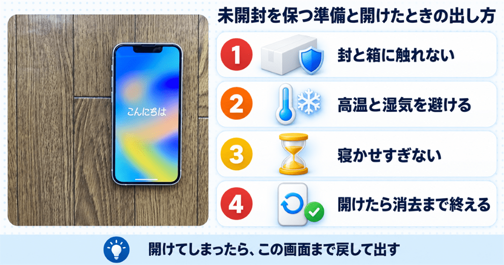 初期設定の「こんにちは」画面が表示されたiPhone。開けた端末は消去を終えてこの状態で出す