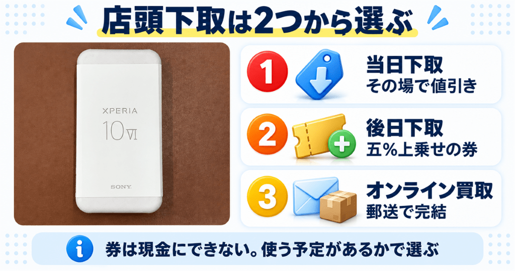 Xperia 10 VIの白い製品箱を使ってソニーストアの下取り手順を説明する図