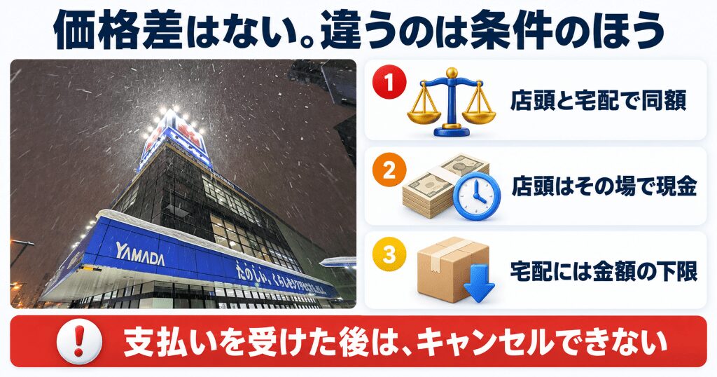 雪の降る夜に見上げた家電量販店の店舗外観