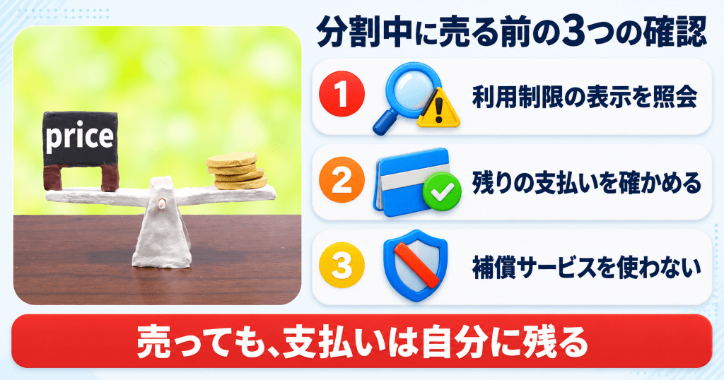天秤に載せた価格の札と硬貨と、分割払い中のスマホを売る前に確かめること