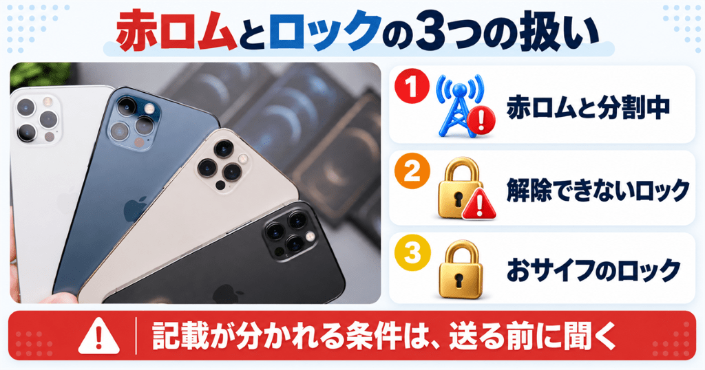 扇形に並べた4台のスマートフォンの写真とともに、赤ロム・ロック・分割中の扱いを整理した図