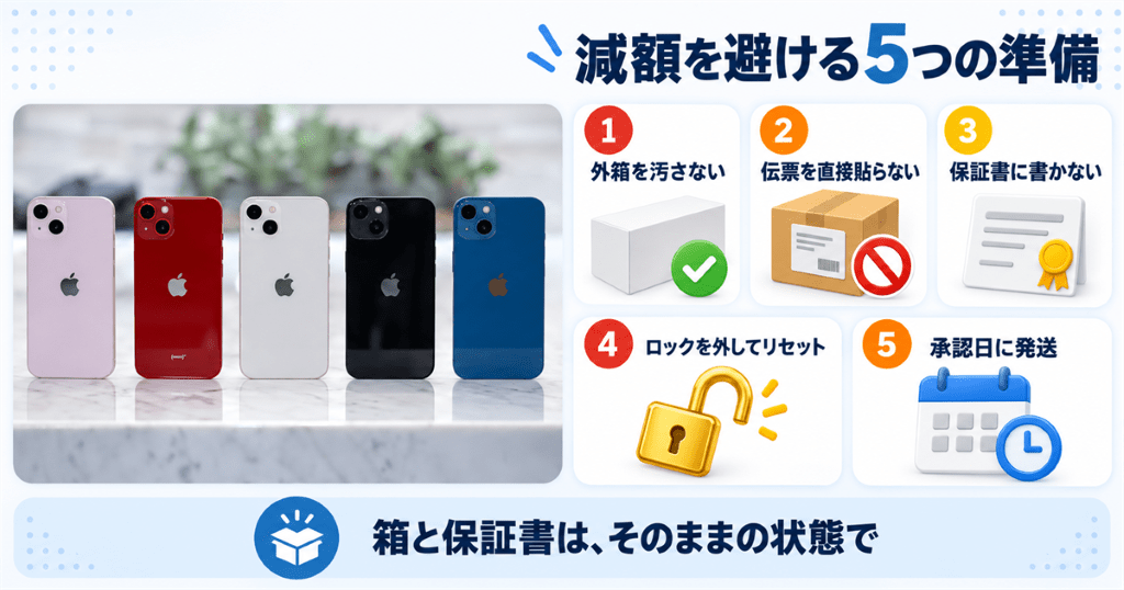 5色のスマートフォンを並べた写真とともに、ドラゴンモバイルで減額を避ける5つの準備を整理した図