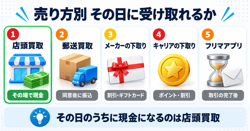 iPhoneの売り方ごとにその日のうちに現金で受け取れるかを整理した早見表