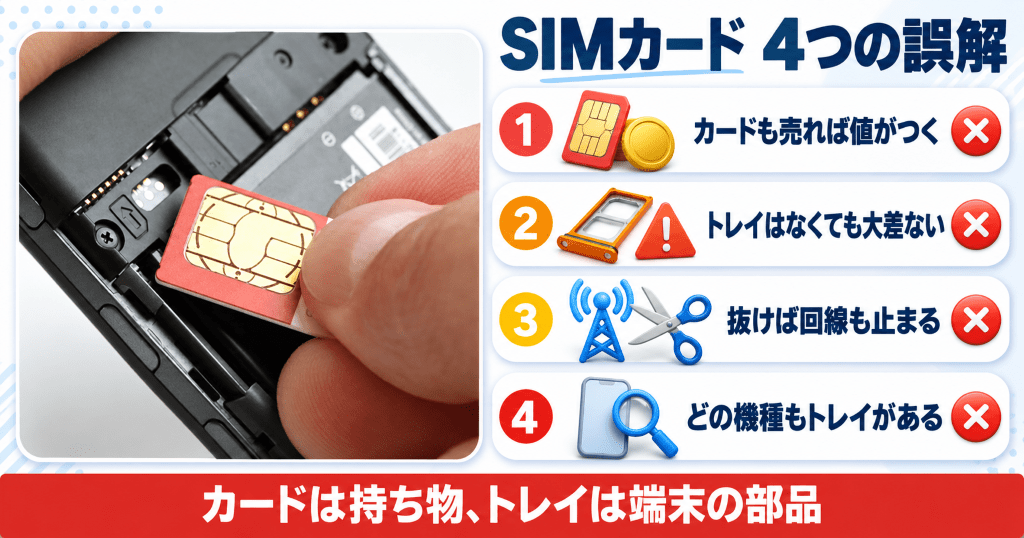 スマートフォンからSIMカードを指でつまんで取り出す場面と、SIMカードをめぐる4つの誤解