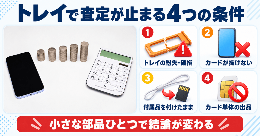 スマートフォンと積み上げた硬貨と電卓、SIMトレイで査定が止まる条件
