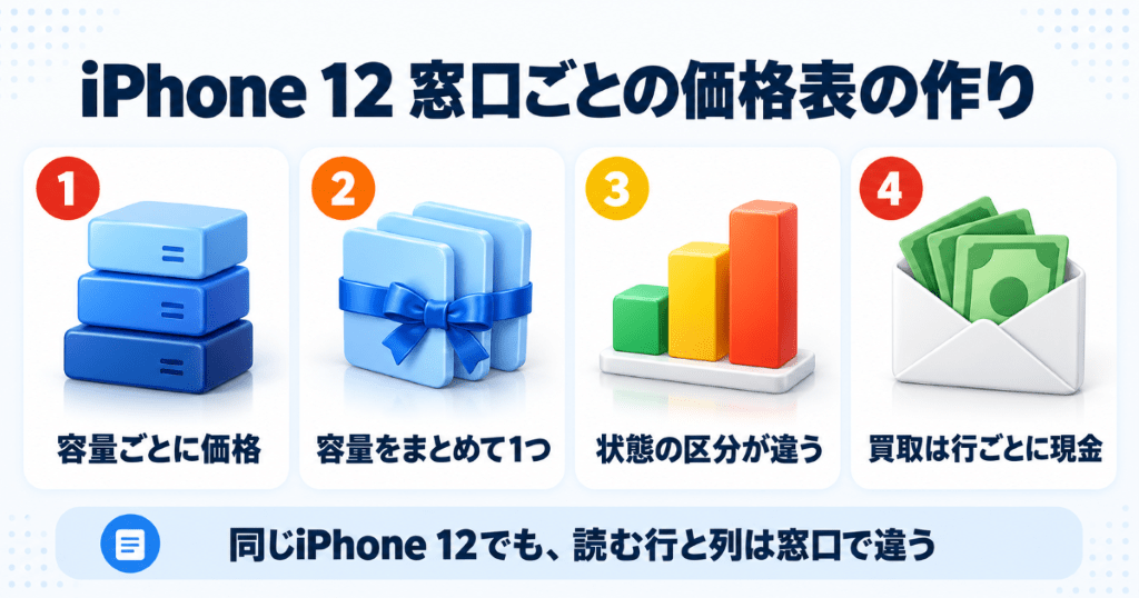 iPhone 12の下取り価格を窓口ごとの価格の分け方と状態の区分で整理した早見表