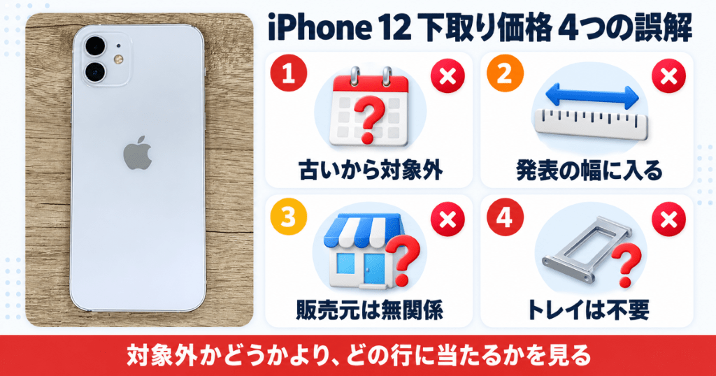 iPhone 12の下取り価格をめぐる4つの誤解を白いiPhone 12の写真とともに整理した図
