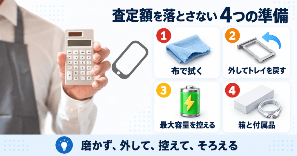 電卓を持つスタッフの写真とともにiPhone 12の査定額を落とさない4つの準備を整理した図