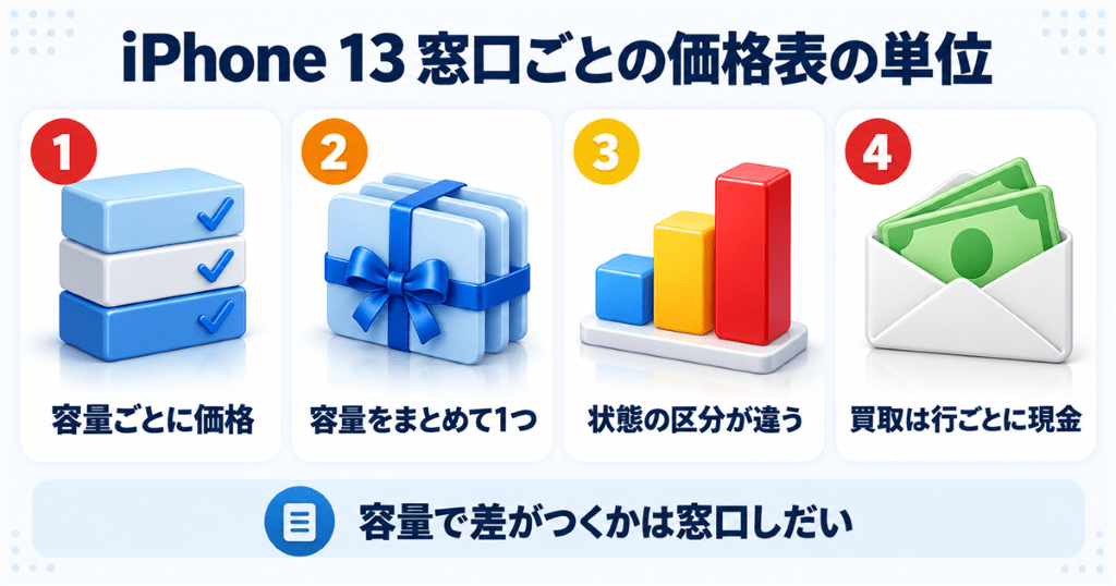 iPhone 13の下取り価格を窓口ごとの価格の分け方と状態の区分で整理した早見表