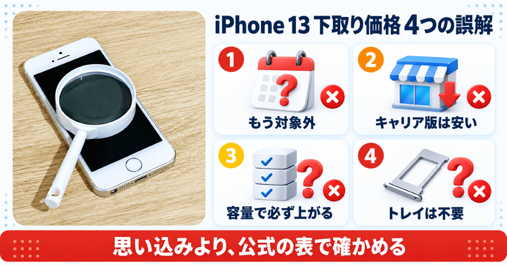 虫眼鏡を置いたスマートフォンの写真とともにiPhone 13の下取り価格をめぐる4つの誤解を整理した図