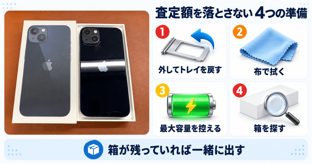 箱と並べたiPhone 13の写真とともに査定額を落とさない4つの準備を整理した図
