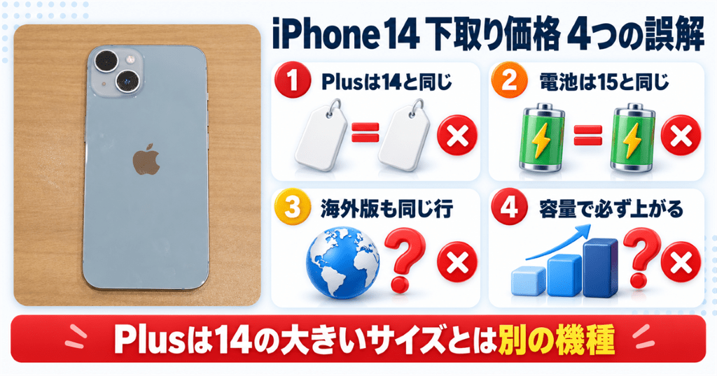 ブルーのiPhone 14の写真とともに下取り価格をめぐる4つの誤解を整理した図