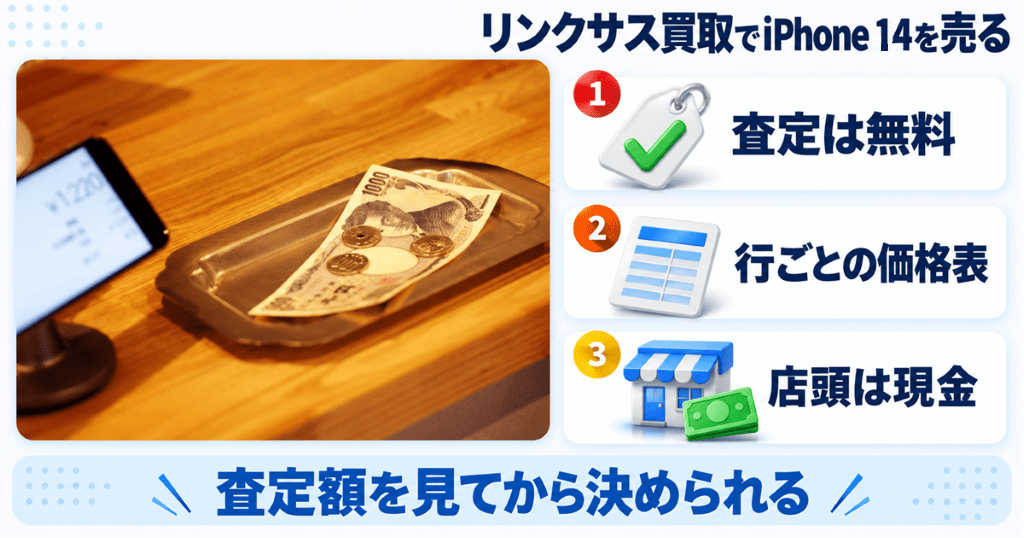 トレイに置かれた紙幣と硬貨の写真とともにリンクサス買取でiPhone 14を売るときの特徴を整理した図