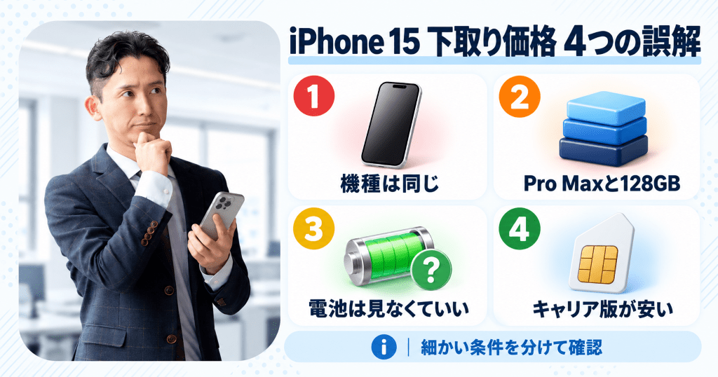 スマートフォンを手に考え込むビジネスマンの写真とともにiPhone 15の下取り額をめぐる4つの誤解を整理した図