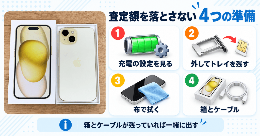 箱と並べたイエローのiPhone 15の写真とともに査定額を落とさない4つの準備を整理した図