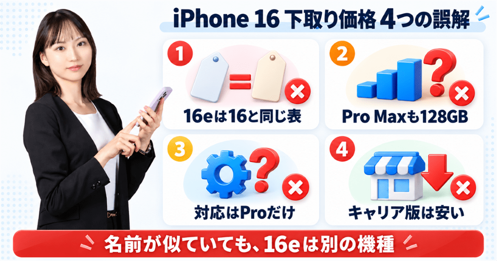 スマートフォンを操作する女性の写真とともにiPhone 16の下取り価格をめぐる4つの誤解を整理した図