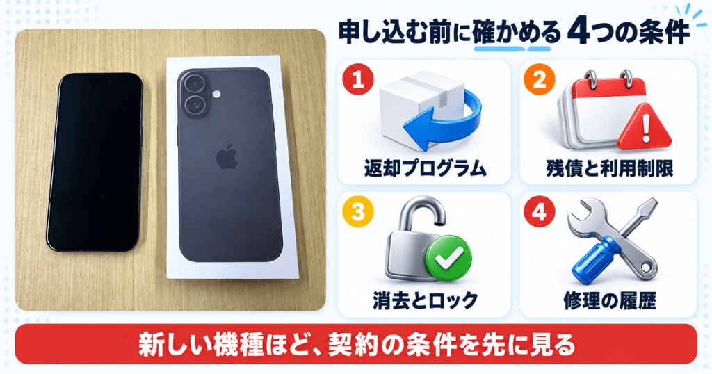 箱と並べた黒いiPhone 16の写真とともに申し込む前に確かめる4つの条件を整理した図