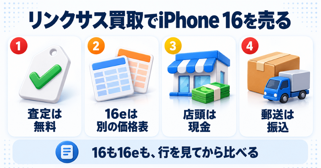 リンクサス買取でiPhone 16を売るときの特徴を整理した図