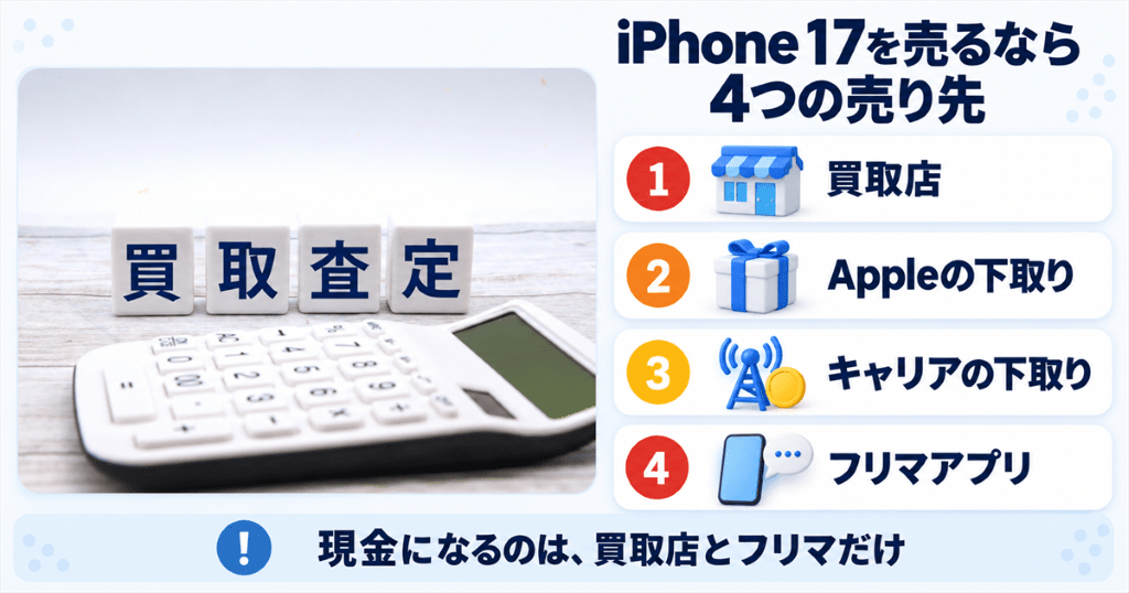 手元のiPhone 17を売るときの売り先を比べるイメージ