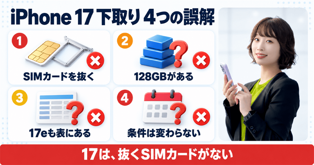 スマートフォンを手にした女性の写真とともにiPhone 17の下取りをめぐる4つの誤解を整理した図
