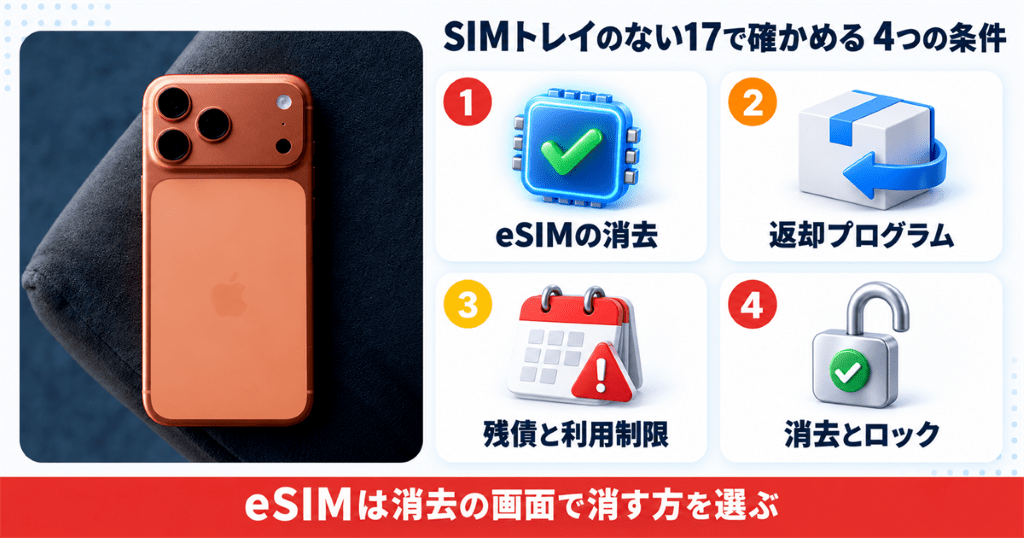 オレンジのiPhone 17 Proの背面写真とともにSIMトレイのない17で確かめる4つの条件を整理した図