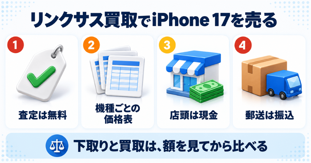 リンクサス買取でiPhone 17を売るときの特徴を整理した図