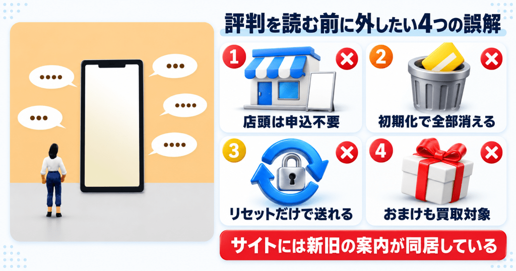 大きなスマートフォンと吹き出しを見上げる人形と、ケータイゴッド買取に申し込む前に外したい4つの誤解
