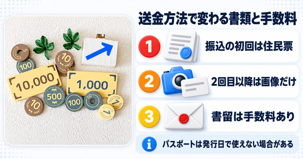 お金のおもちゃと上向きの矢印と、ケータイゴッド買取の送金方法で変わる書類と手数料