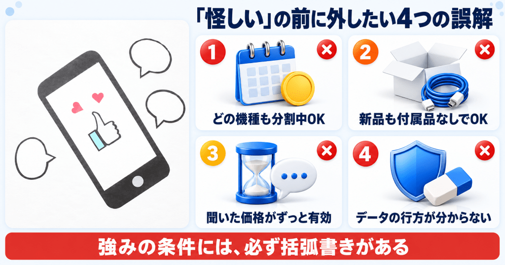 評価の吹き出しに囲まれたスマートフォンと、モバステ買取に申し込む前に外したい4つの誤解