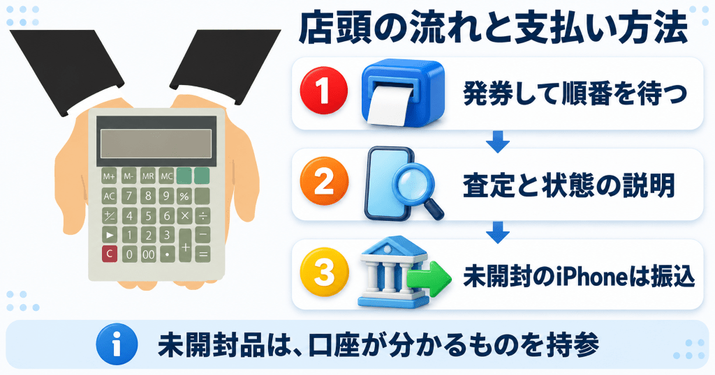 両手で差し出した電卓と、モバステ店頭の流れと支払い方法