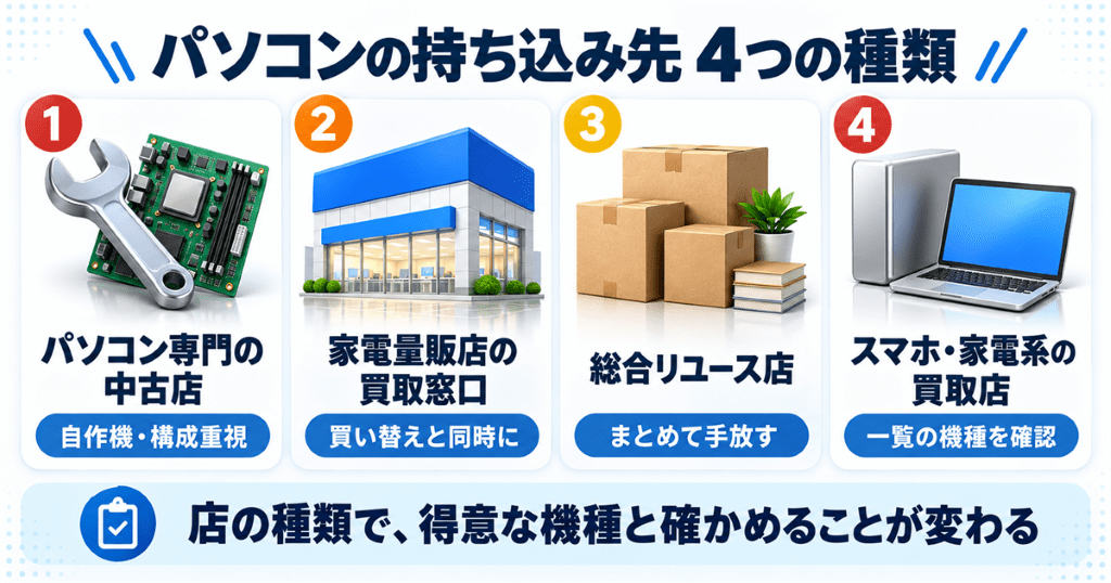 パソコンの持ち込み先を店の種類ごとに整理した早見表