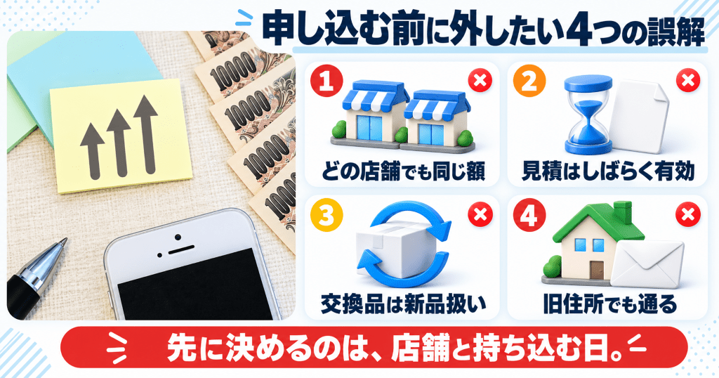 上向きの矢印を描いた付箋と紙幣、スマートフォンと、クイック買取に申し込む前に外したい4つの誤解