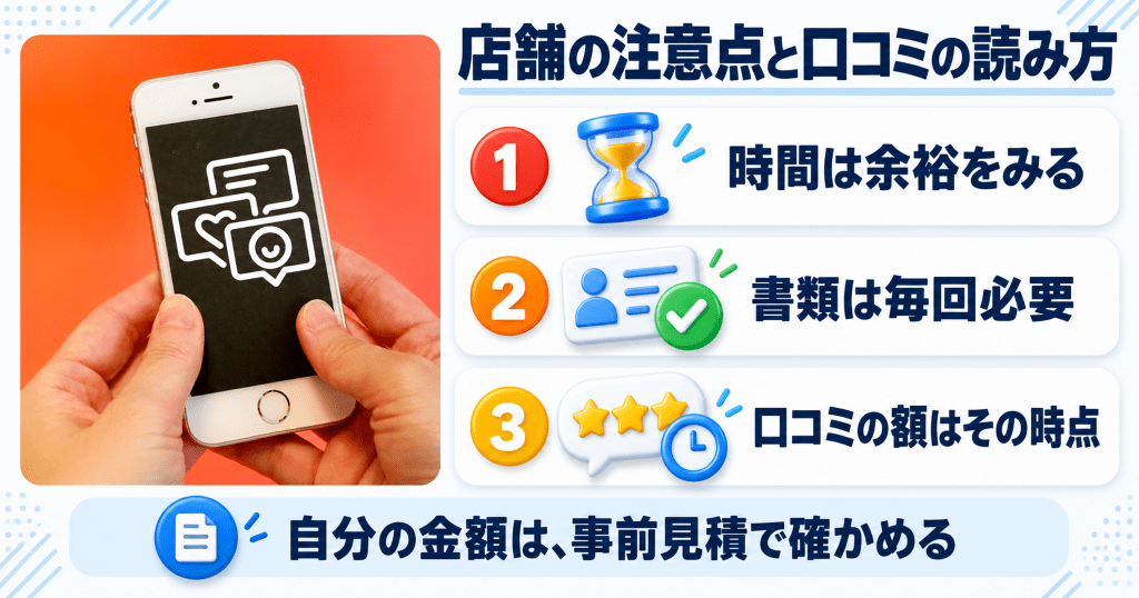 両手で持ったスマートフォンの画面に吹き出しのアイコンと、クイックの店舗買取の注意点と口コミ