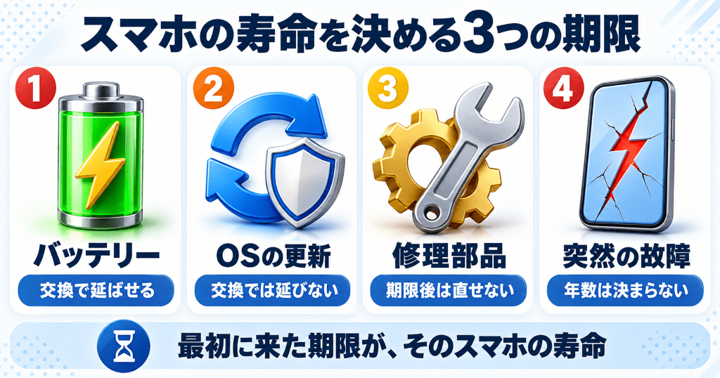 スマホの寿命を決めるバッテリー・OSの更新・修理部品の3つの期限の早見表