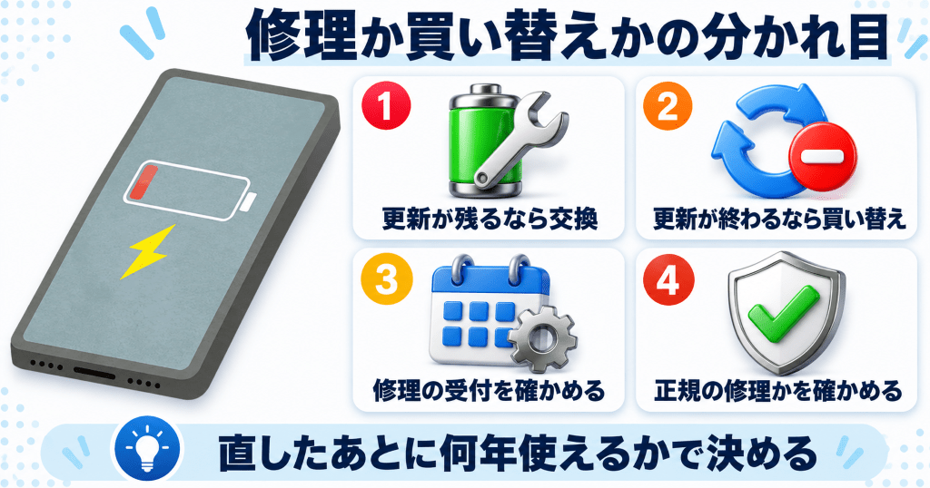 残量が少ないスマートフォンを前に修理か買い替えかを判断するポイント
