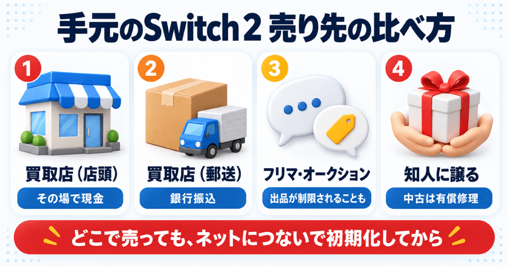 手元のNintendo Switch 2を売るときの売り先を受け取り方と注意点で比べた早見表