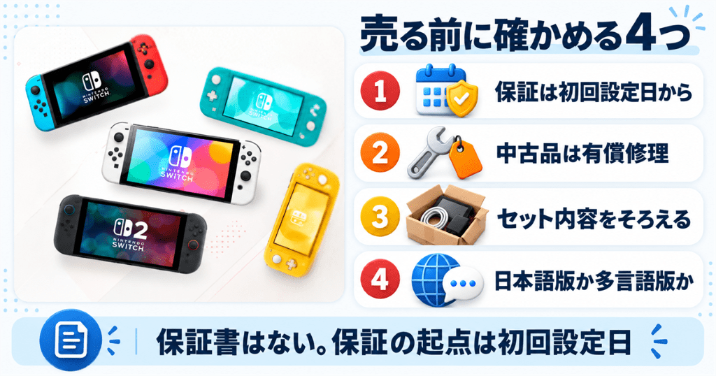 Nintendo Switch 2の外箱で保証とセット内容を確かめるイメージ